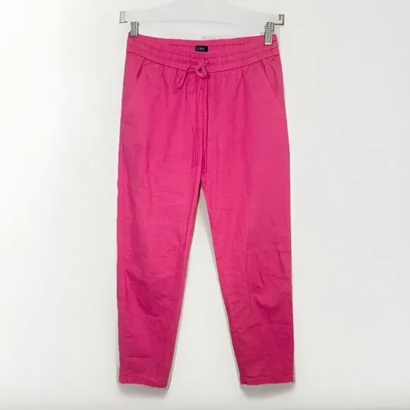 J. Crew Hot Pink Linen Blend Pull On Drawstring Elastic Waist Ankle Pant Women 2 - Picture 1 of 10